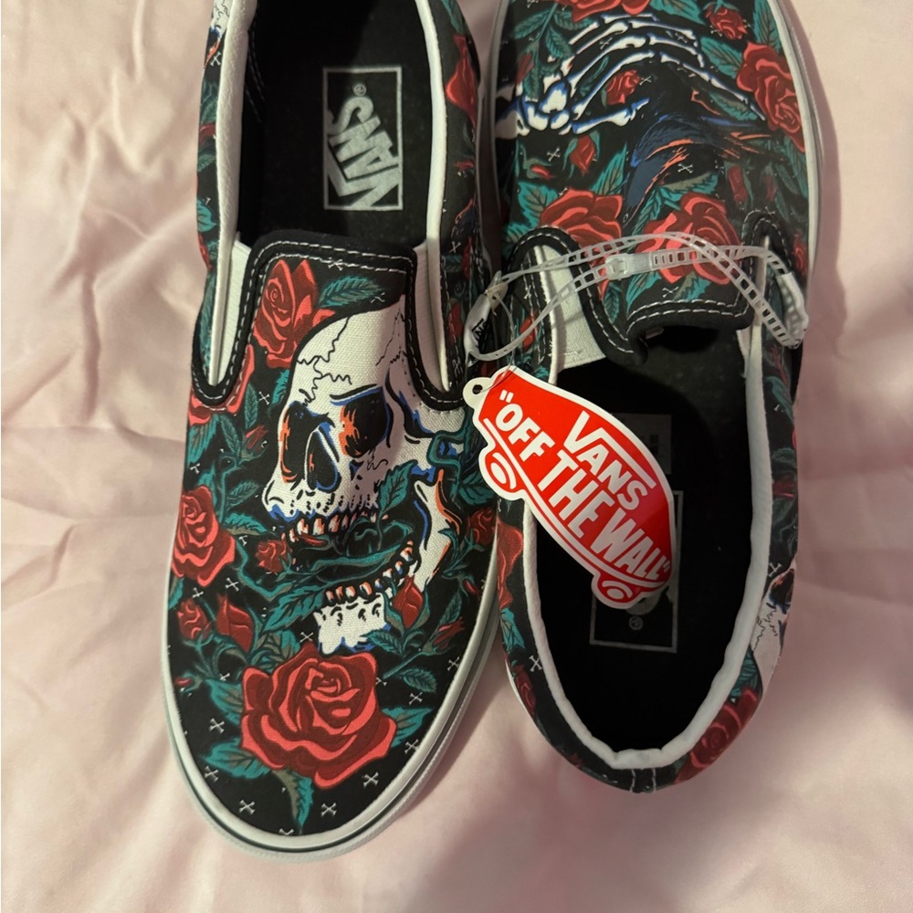 Vans Slip-On Shoes - Black and Red Skull Design